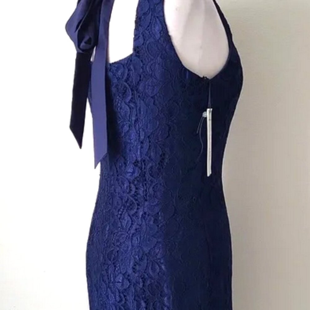 Sam Edelman Navy Blue Lace Midi Dress with Tie Neck